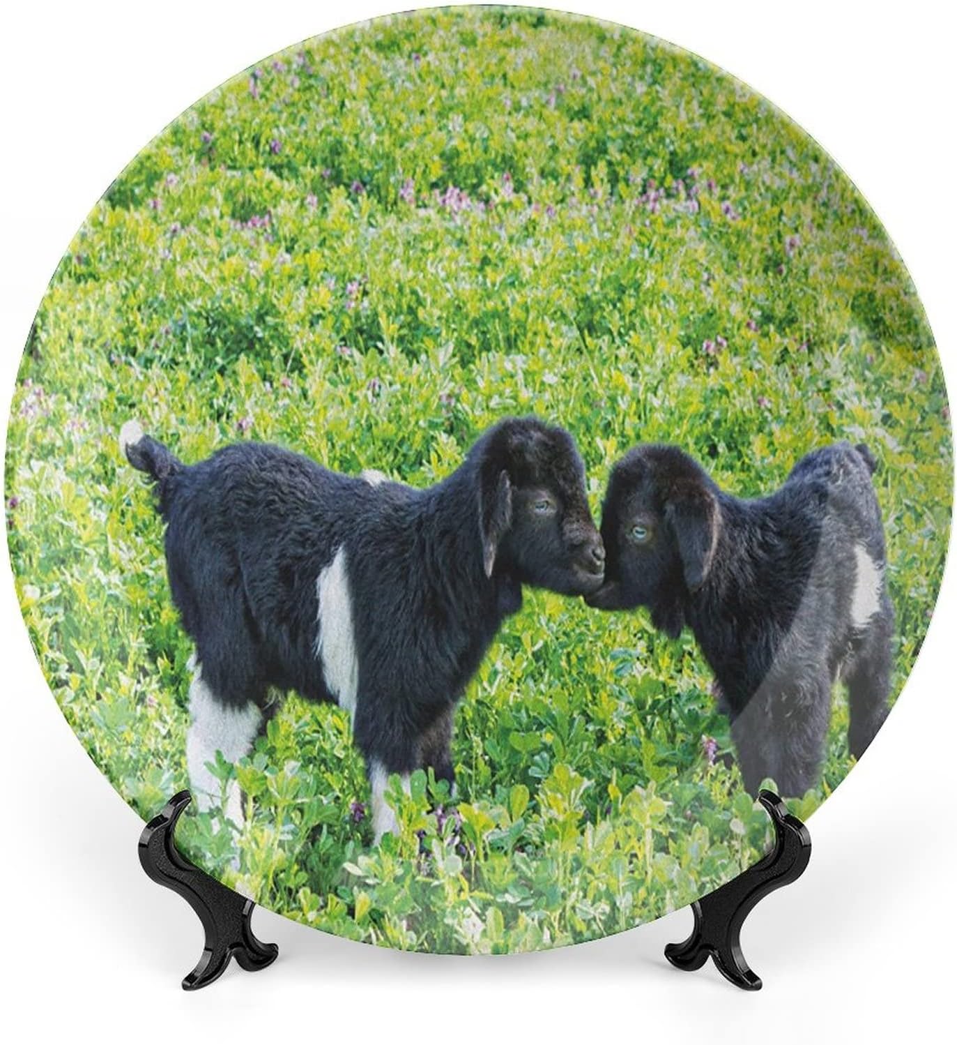 XISUNYA 8 Inch Decorative Plate, Animal Ceramic Craft, Baby Sheep with Nature Hills Garden Flowers Lavenders Grass Print Ceramic Wall Hanging for Home & Office Wall Hanging Decor