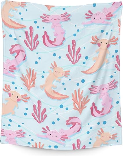 Girl Blanket - 60x80 Inches Cute Axolotl Throw - Light Blue Soft Fuzzy Blankets for Bed, Couch & Living Room
