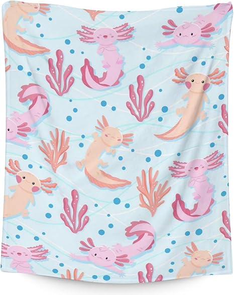 Girl Blanket - 60x80 Inches Cute Axolotl Throw - Light Blue Soft Fuzzy Blankets for Bed, Couch & Living Room