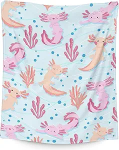 Girl Blanket - 60x80 Inches Cute Axolotl Throw - Light Blue Soft Fuzzy Blankets for Bed, Couch & Living Room