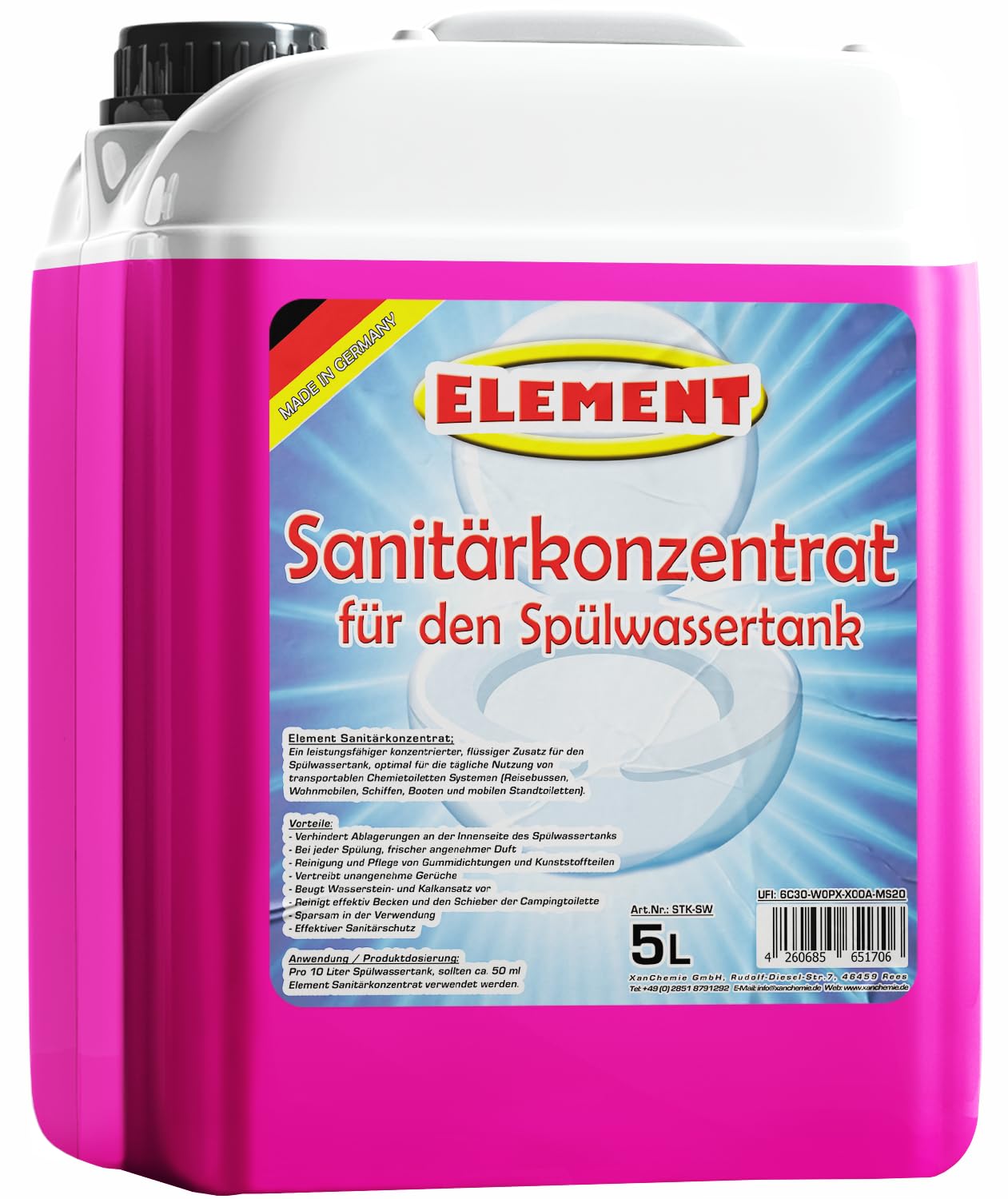 Element Sanitärflüssigkeit für Spültank I 5 Liter I Sanitärkonzentrat Campingtoilette I Frischwasser-Zusatz I Spülwasserzusatz I Sanitärzusatz für Campingtoilette