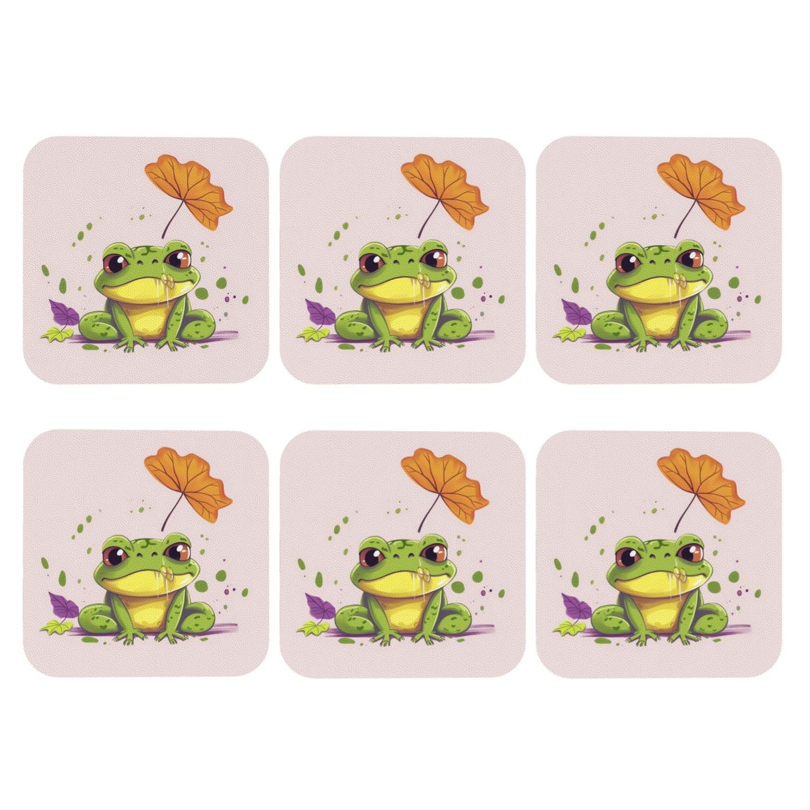 6pcs Leather Coasters for Drinks, Leaves and Frog Drink Coasters for Tabletop Protection, 4" Cup Coasters for Coffee Table Decor, Non-Slip Drinking Cup Mat for Hot Or Cold Drink