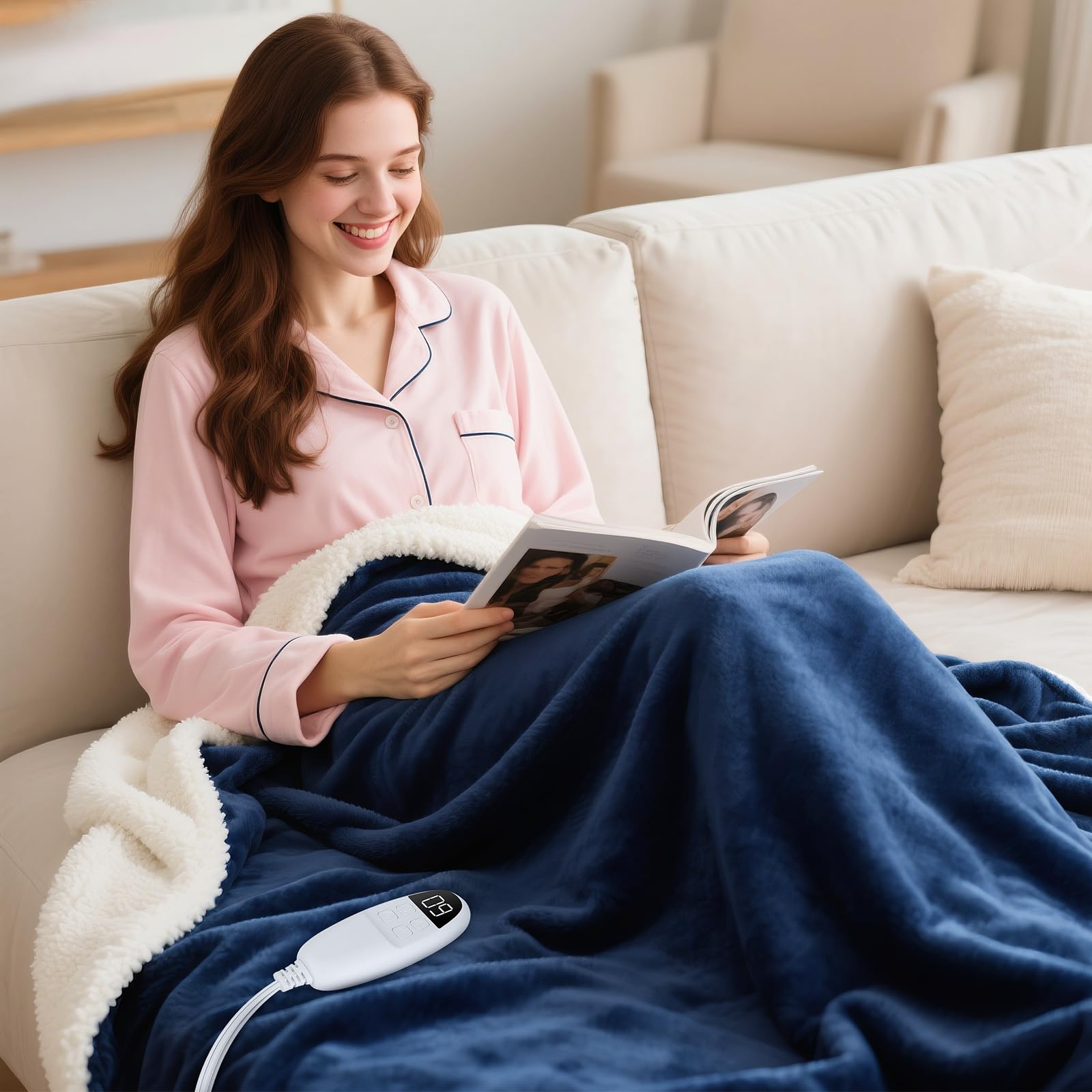 Qoosea Electric Blanket 130 x 160 cm Flannel Electric Blanket with 9 Heat Levels and 10 Hours of Auto Off, Machine Washable Fast Heating Blanket for Bed Sofa Office, Navy Blue