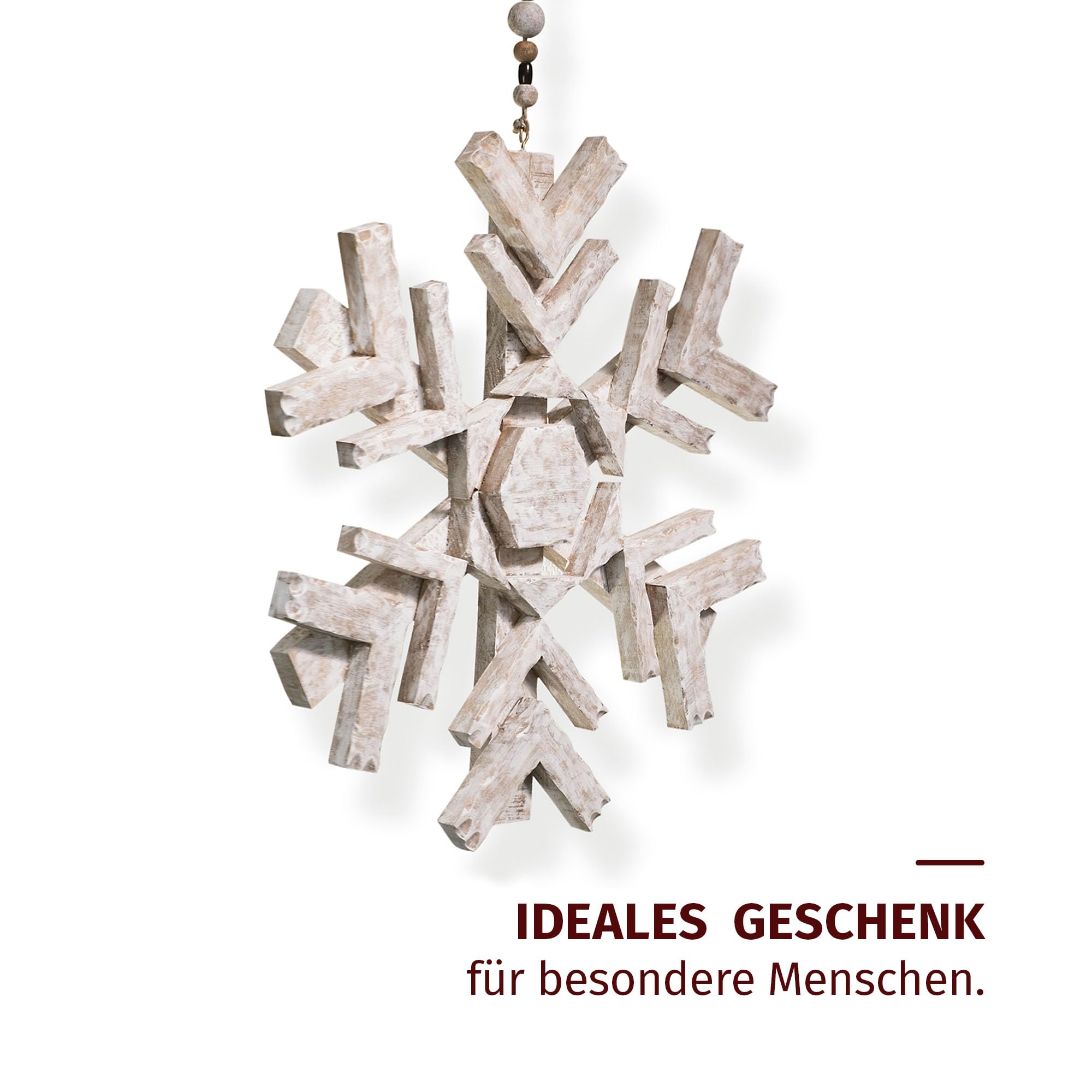 Moritz Décoration de Noël flocon de neige 60 cm à suspendre en bois de manguier Décoration murale ou de fenêtre de style naturel avec suspension en perles de bois Décoration de Noël rustique