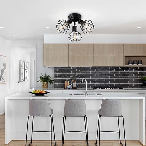 Miniatura 8 de Lámpara de techo industrial negra semiempotrada vintage de 3 luces de jaula negra, lámpara de techo de montaje empotrado negro para cocina,