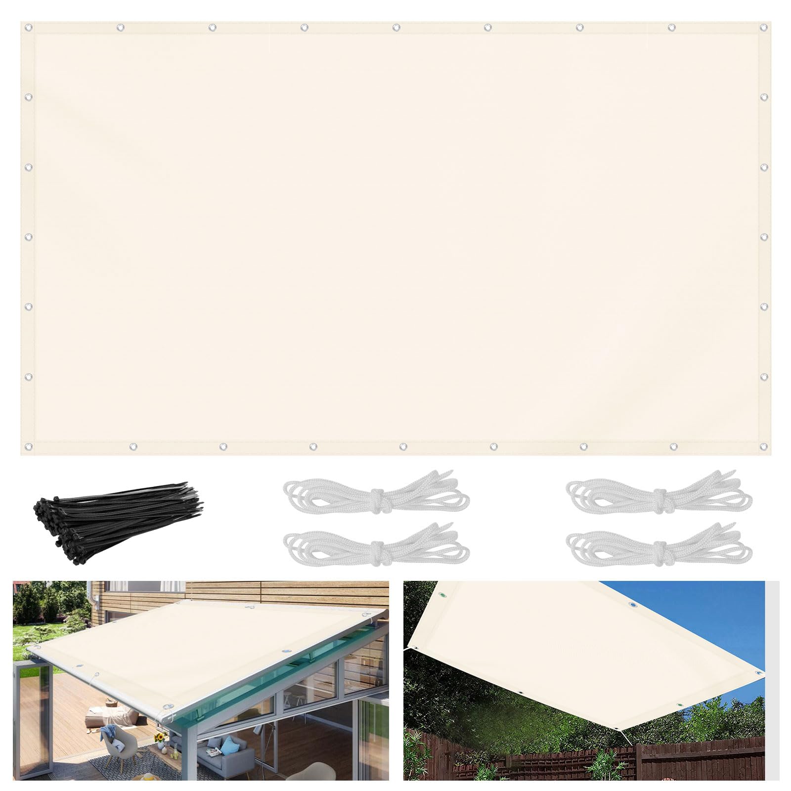 Sonnensegel 3x4m Beige Rechteckig mit Ösen und Seil, Wasserdicht