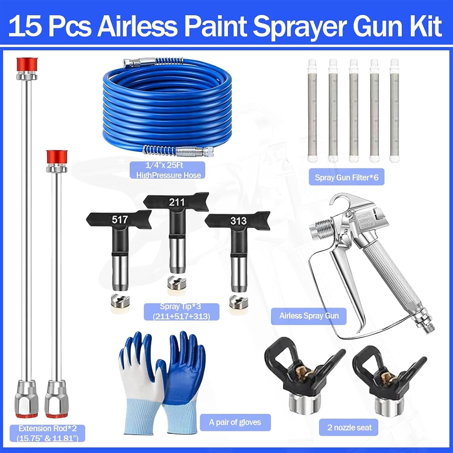 16 Pcs Airless Paint Sprayer Gun Kit – 3600PSI Professional Spray Gun with 25Ft Hose, 3 Reversible Tips (211/313/517), 2 Extension Rods, 5 Filters & 2 Nozzle Seat，a Pair of Gloves (1)