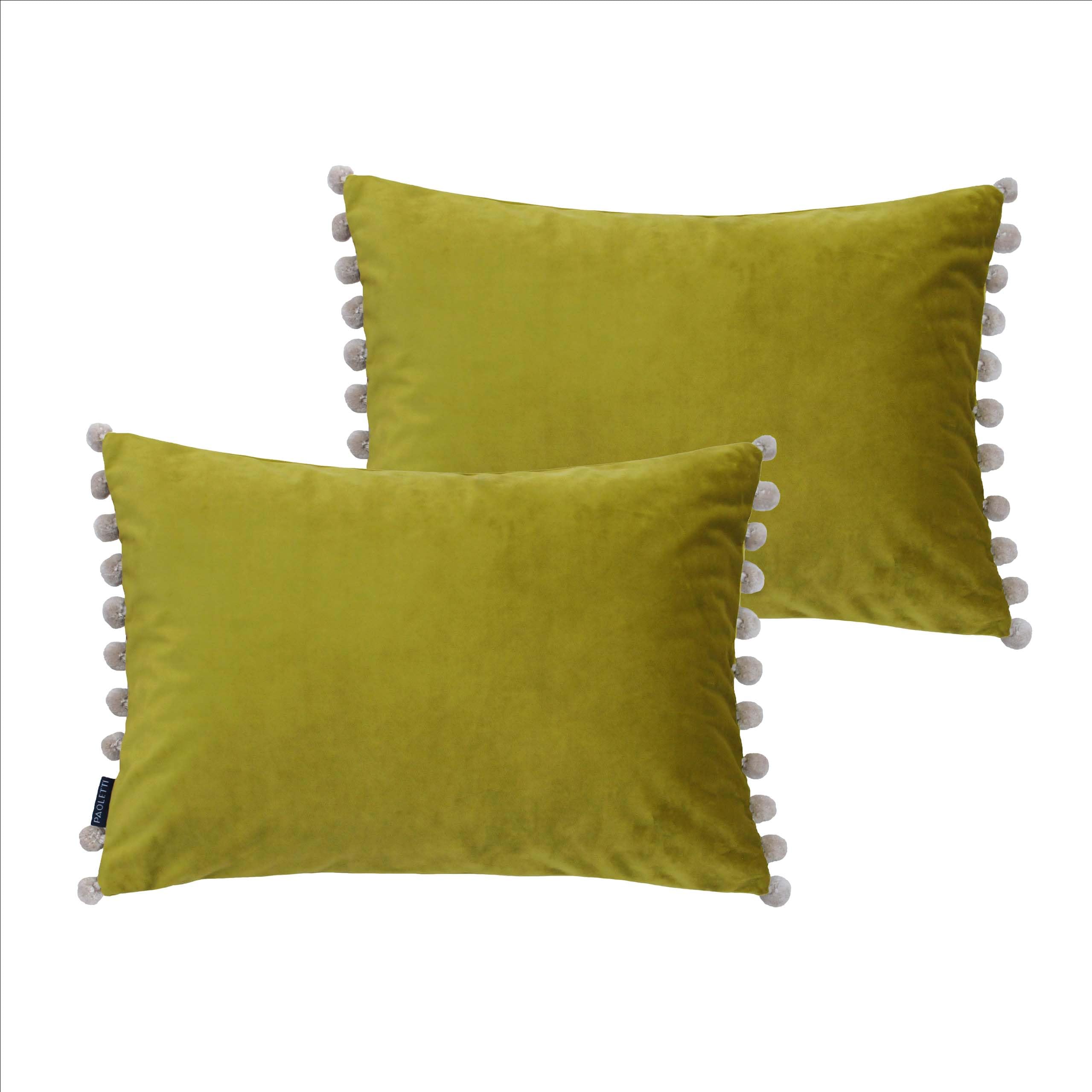Paoletti Fiesta Twin Pack Cushions - Bamboo/Natural, Gold - Polyester Filled - Velvet Cover with Pom Poms