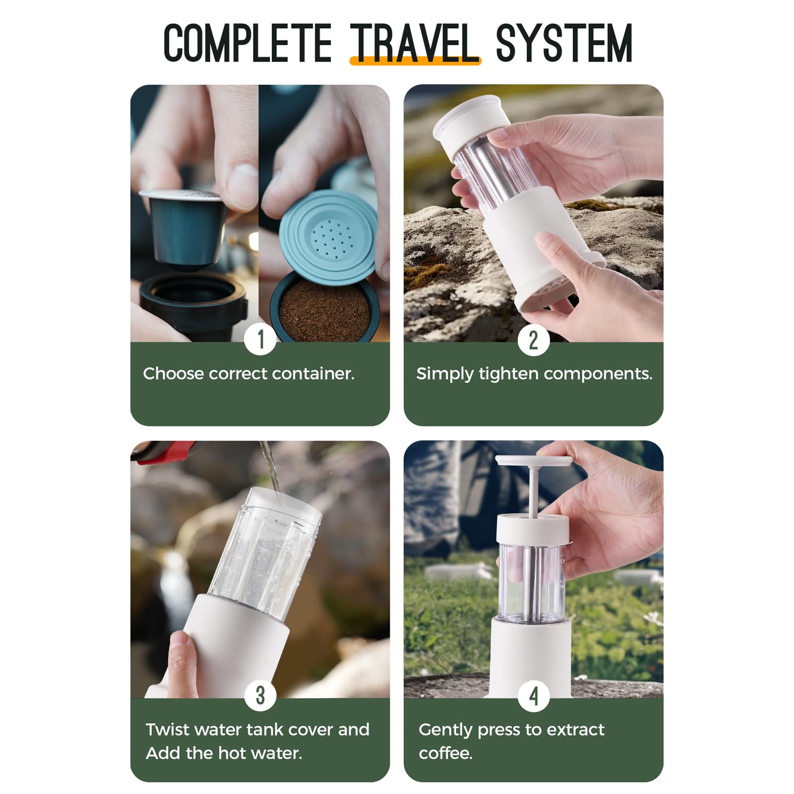 Compacta Prensada a Mano con Tanque de Agua de 80 Ml y Taza 120 Ml, Portátil para Caminatas y Viajes, Prensa Manual para un Auténtico Sabor a (Blanca)