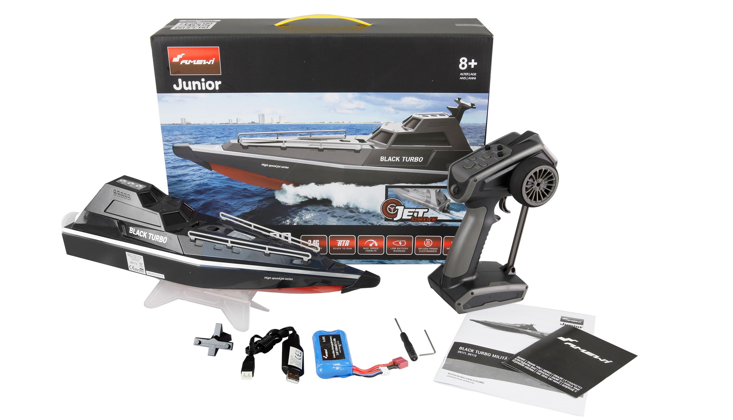 Amewi Black Turbo łódź wojskowa z napędem jet 28 km/h 420 mm RTR czarna