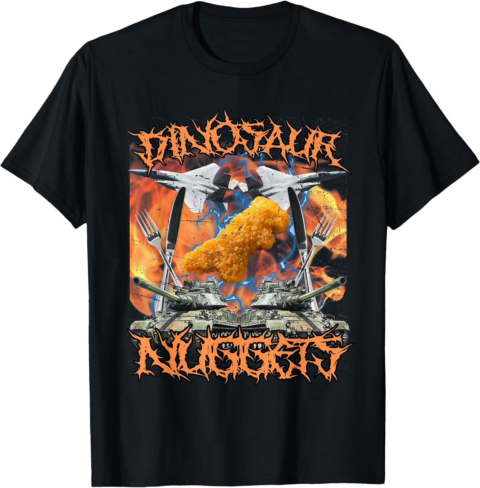 Unhinged Chicken Nugget MemesFunny Dinosaur Chicken Nugget Bootleg Hardcore Flames Meme T-Shirt