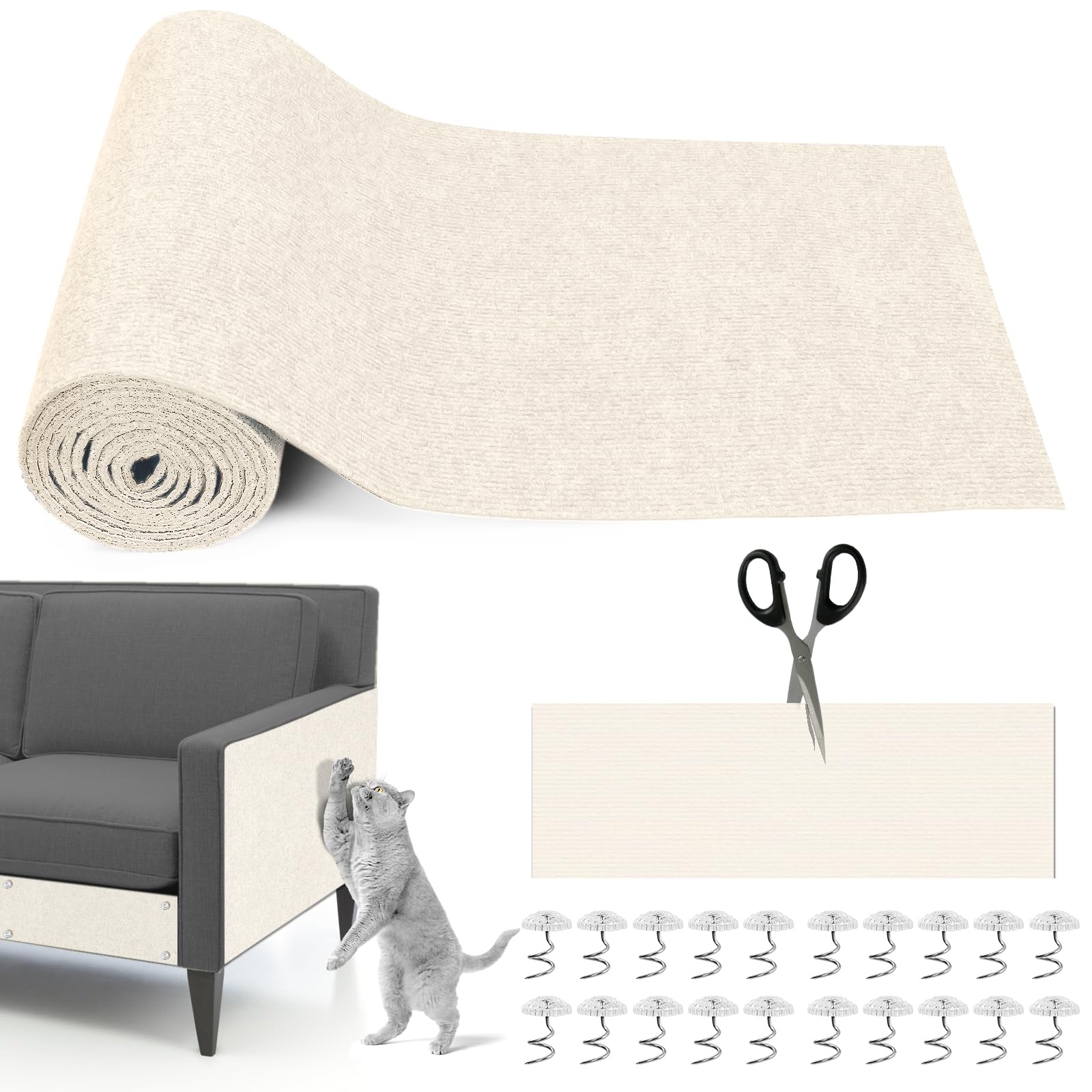 300cm x 40cm Alfombra Rascador Gatos, Tapete Rascador Gatos Autoadhesivo, DIY Recortable Protector Sofa Gatos con 20 Tornillos para Proteger Sofá Muebles Pared (Blanco Roto)