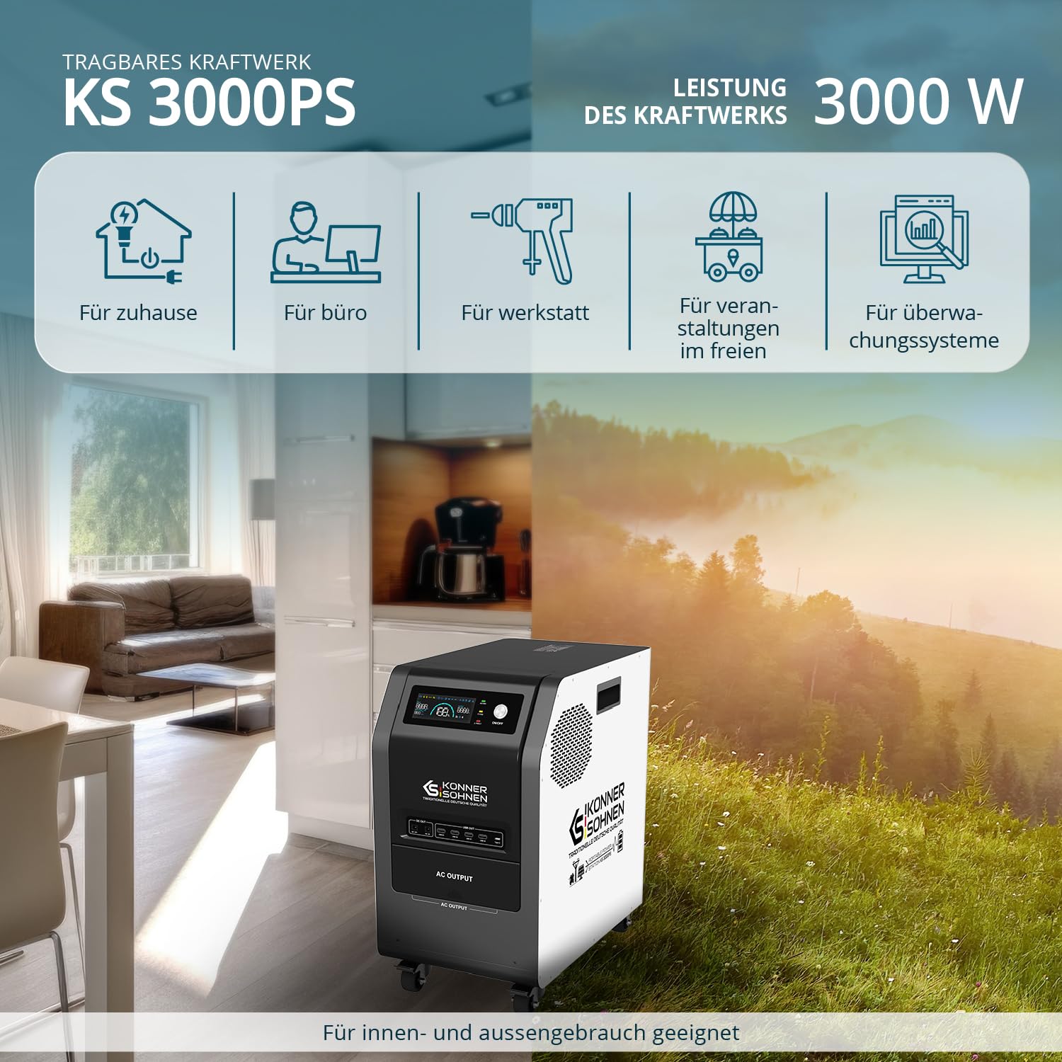 Przenośna stacja zasilania KS 3000 KM z wbudowaną baterią LiFePO4, moc znamionowa 3000 W, pojemność akumulatora 3072 Wh (120 Ah, 25,6 V), 230 V 50 Hz, 4 x USB-A 5 V, 1 x USB Type-C