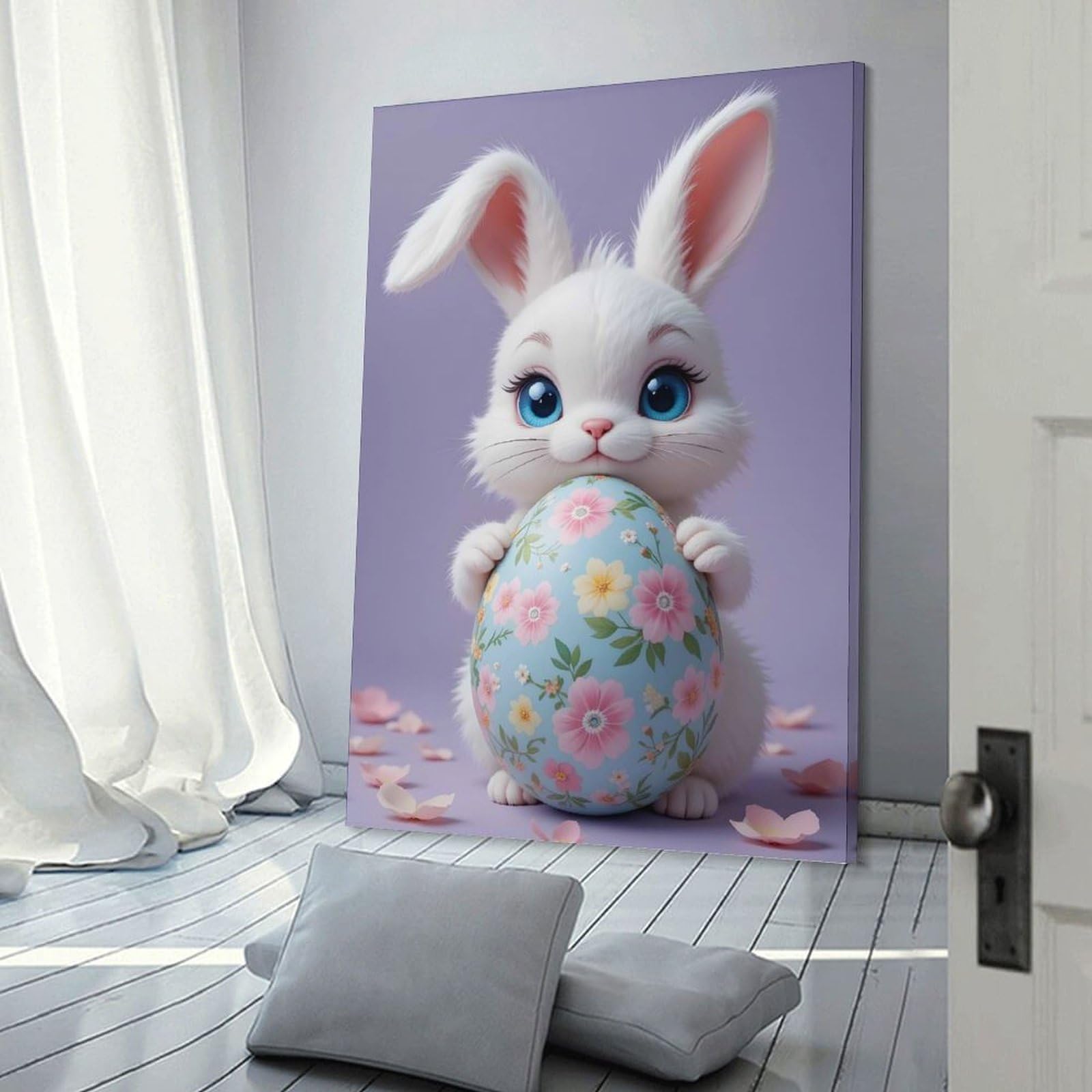 Junmoney Frame-Style-10 Cute Easter Bunny With Floral Egg Wall Picture Print, 20X30inch(50X75cm), For Lounge, Study, Hallway Or Flat Walls, Canvas Wall Art That Fits Changing Layouts