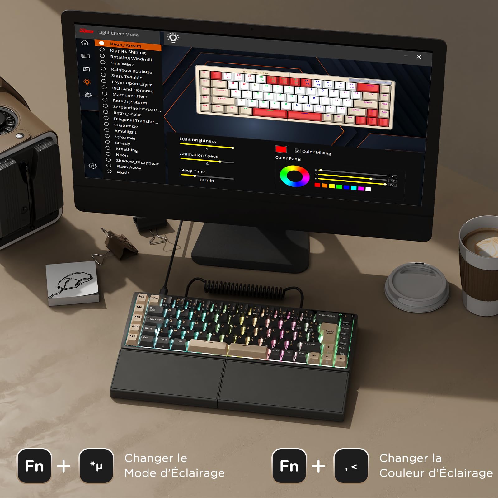RK ROYAL KLUDGE S70 Clavier Mécanique AZERTY Compact 75%, Clavier Gamer sans Fil, Ergonomique Split Keyboard avec Repose-Poignets Intégré, RVB, Bluetooth/2.4G/Filaire, Hot-Swap Creamy Switch