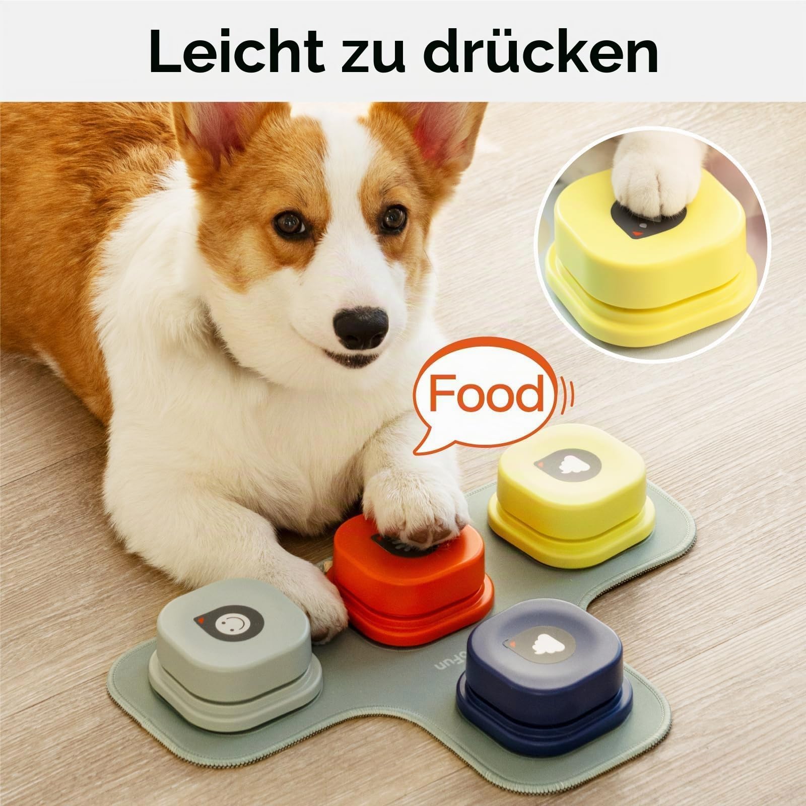 MEWOOFUN Hundeknöpfe Trainingsklicker mit Sprachaufzeichnung für das Hundetraining mit Matte und DIY-Aufklebern – Haustier-Befehlssummer für Hunde und Katzen (4 Pack)