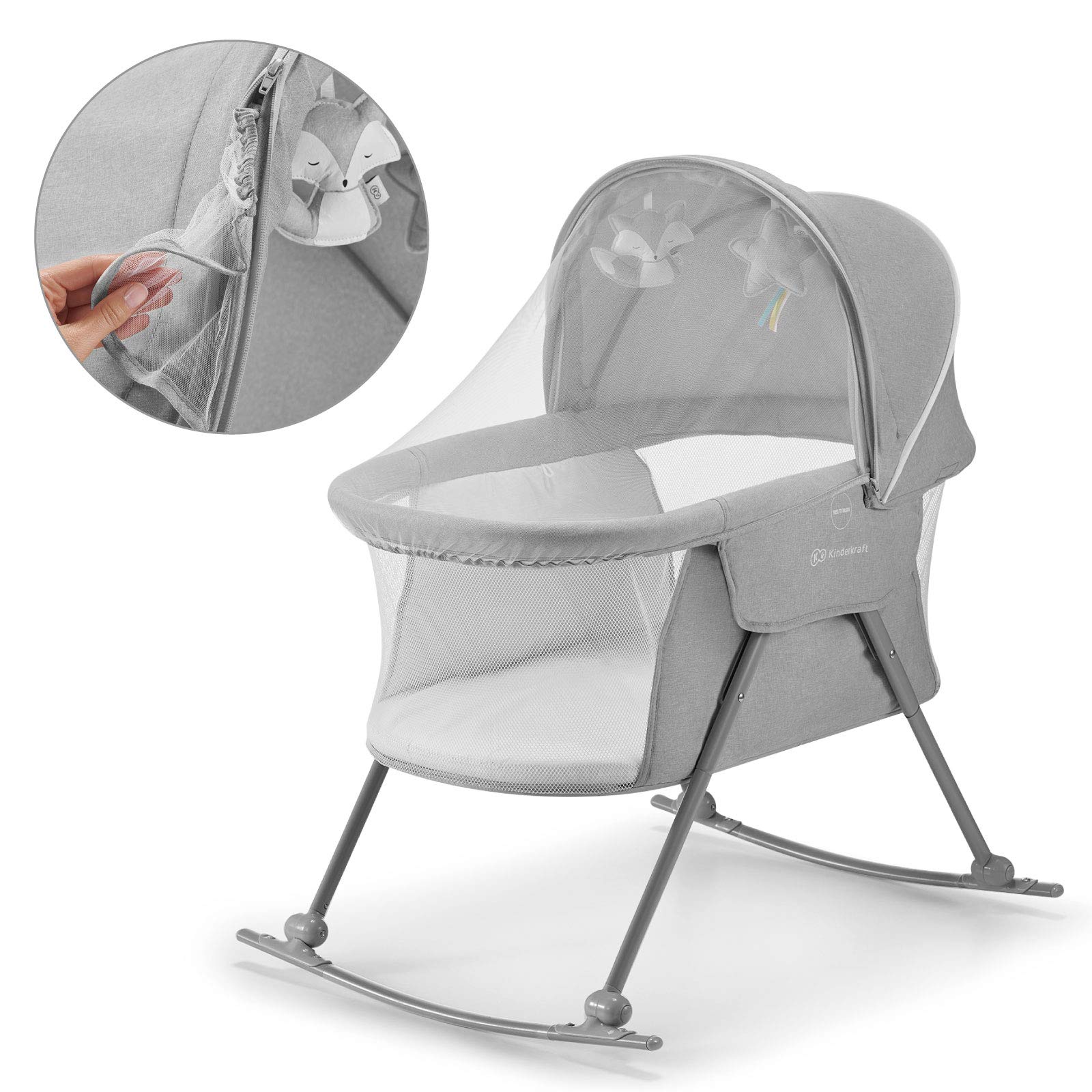 Kinderkraft Lettino da Campeggio LOVI, Culla a Dondolo, Cappottina, Materasso, Pieghevole, per Neonati, 0-15 Kg, Grigio & Italbaby 050.6010-22 Fasciatoio 2 lati, In Morbido Pvc, Grigio (Jolie Grey)