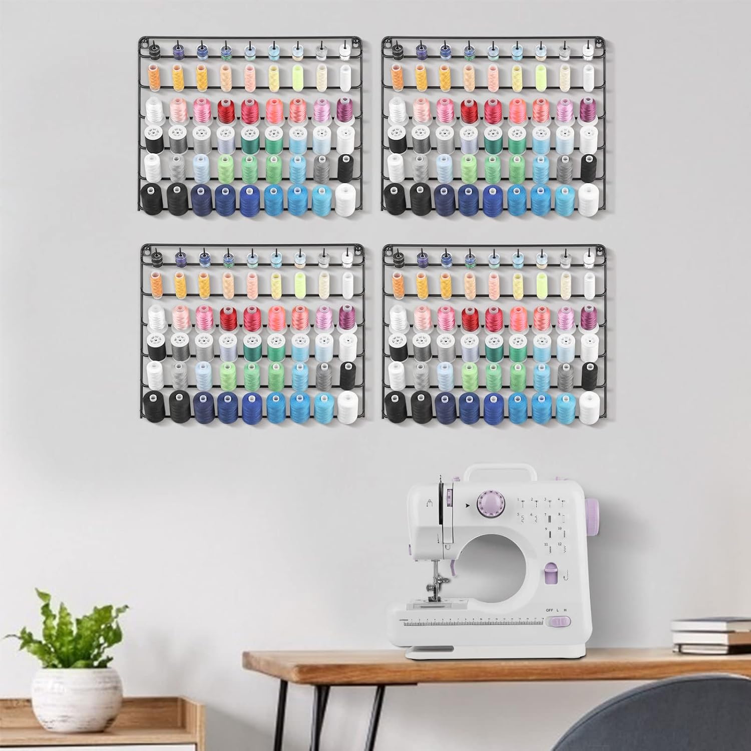 YBING Thread Holder Wall 54 Spools Sewing Thread Rack Wall Mount Embroidery Spool Organizer Metal Sewing Thread Organizer with Hanging Tools for Quilting Braiding Hair Black 4 Pack