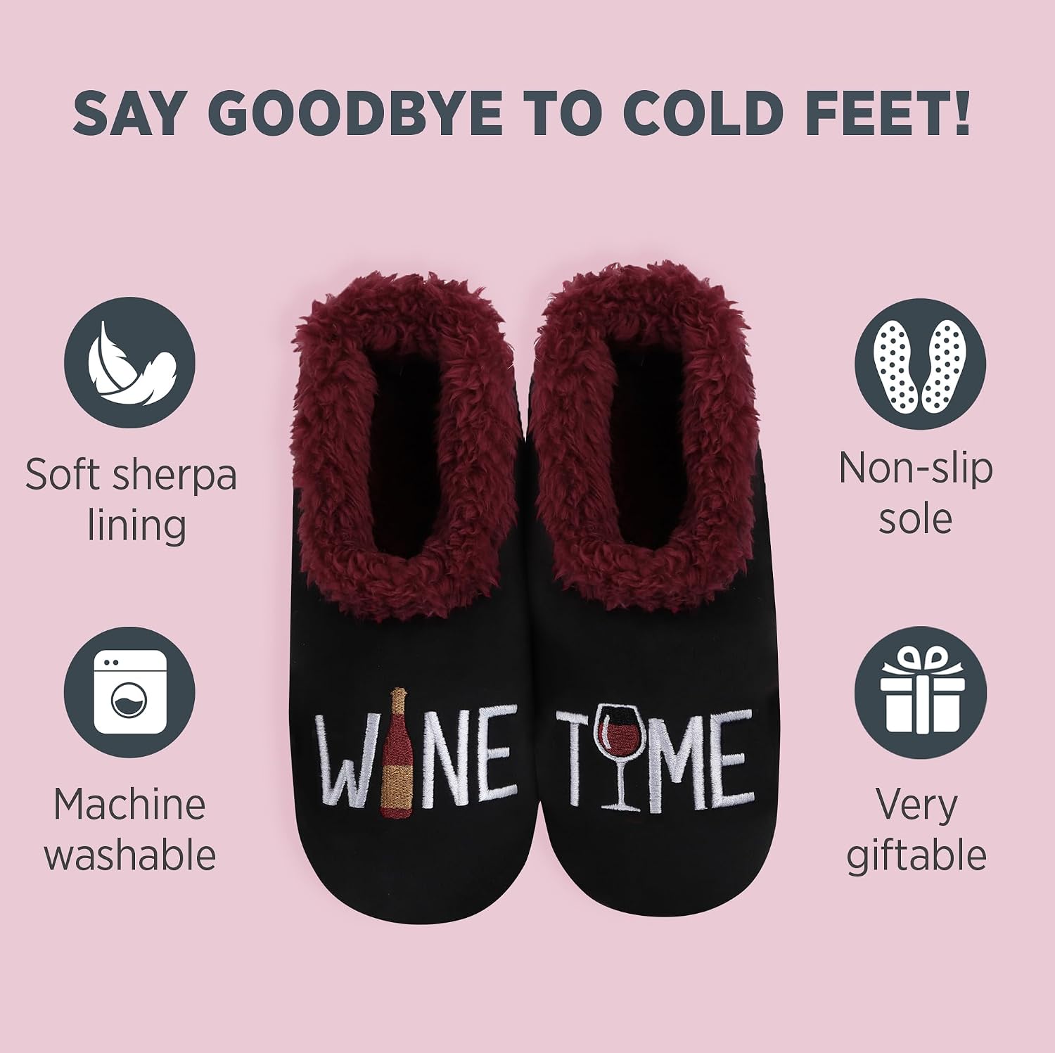 Snoozies Wine Slipper Socks for Women, Funny Wine Gifts and House Slippers Soft Non-Slip, Sherpa Lining, Indoor Cute Slippers