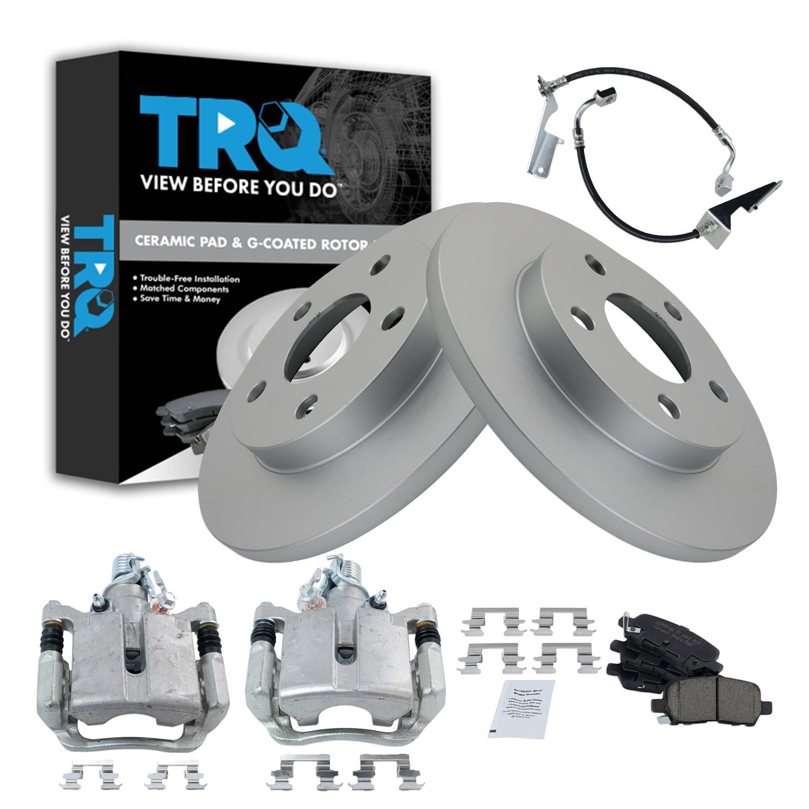 TRQ Rear Brake Pad and Rotor Set Ceramic G Coated Rotors Calipers Compatible with 2005-2009 Buick LaCrosse 2005-2008 Pontiac Grand Prix