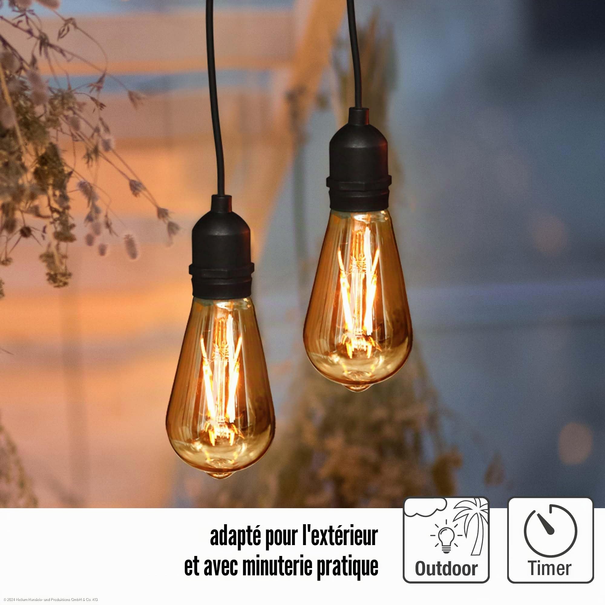 Hellum Lot de 2 lampes suspendues d'extérieur avec batterie et télécommande - Ampoule dorée avec batterie et minuterie - ST64 - Diamètre : 6,4 x 13,8 cm - Lampe suspendue pour l'extérieur avec