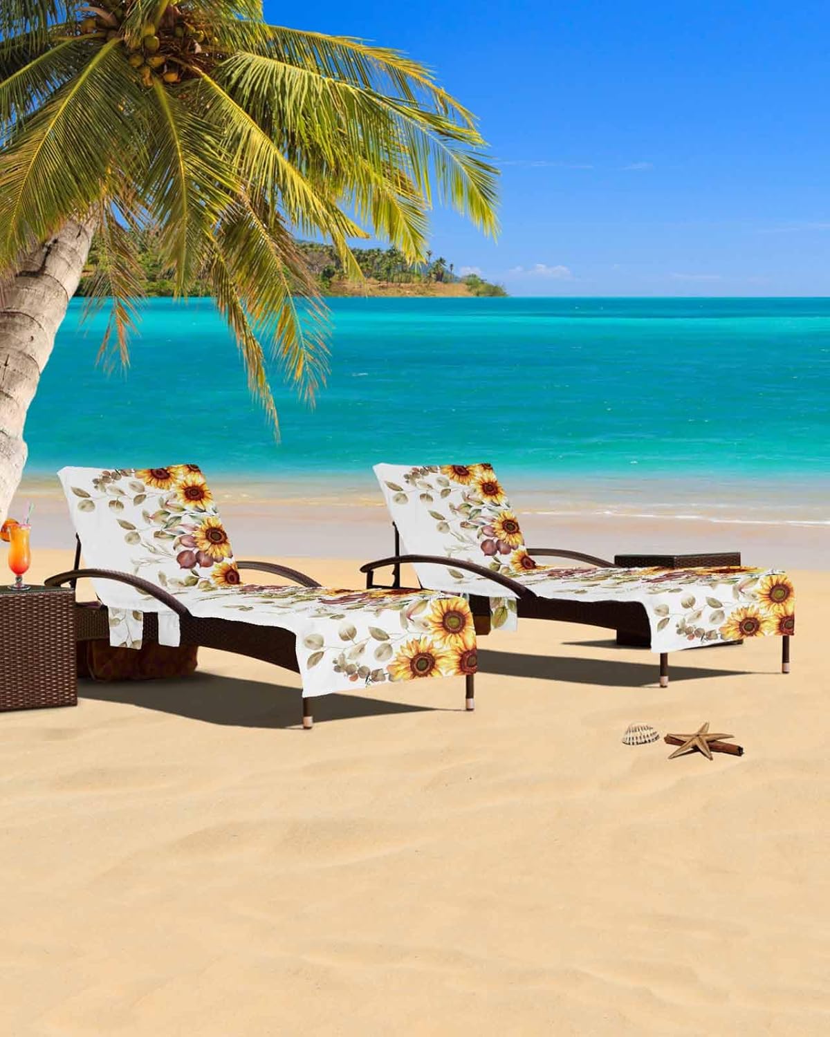 Eucalyptus Leaves Sunflower Beach Pool Patio Lounge Chaise Chair Cover Towel With Pockets,Absorbent & Quick Dry Microfiber Towel Cover Bag Summer Accessories for Sunbathing Autumn Leaf Watercolor