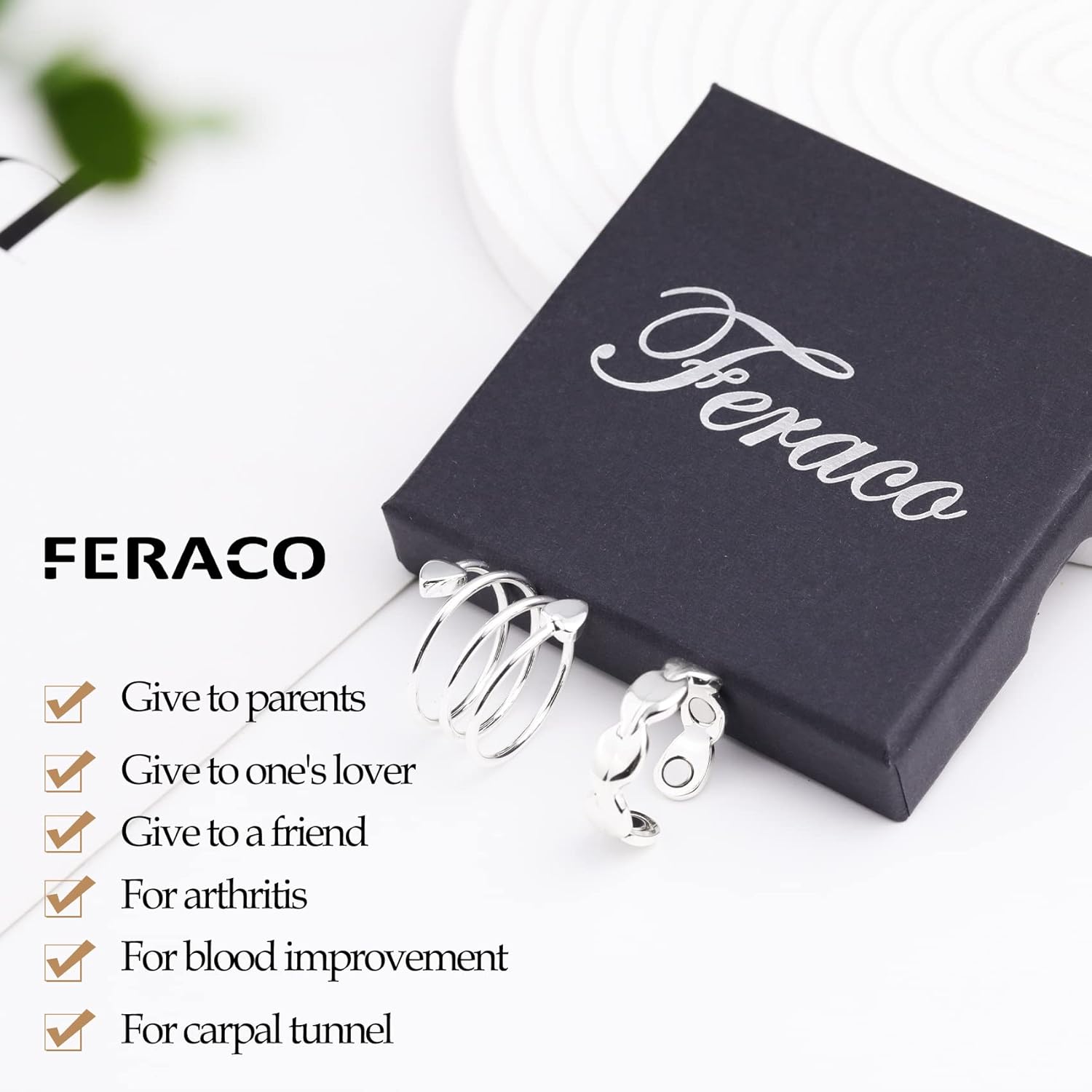 Feraco Copper Bracelet 3X Strength,Copper Rings,2 Magnetic Therapy Copper Jewelry with Powerful 3800 Gauss Magnets,Gift for Men Women