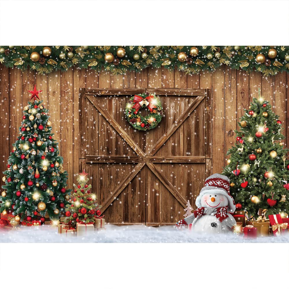 Aoihrraan 3x2m Noël Bois Grange Photographie Toile de Fond Rustique Porte en Bois Guirlande Bonhomme de Neige Arbre de Noël Vue de la Neige Fond Nouvel an Festival Fête de Famille Photo Prop