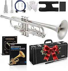 AKLOT Trompete Bb Ponderado Leadpite: Pistões de níquel galvanizado, prata fosca escovada, protetor de dedo de couro, bocais de trompete ponderados e padrão, estojo de couro elegante, livro de lições