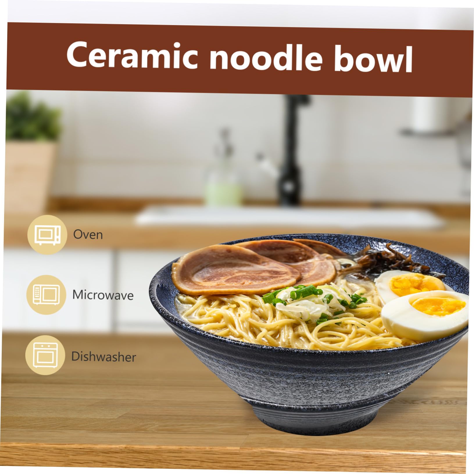 Baluue Bol de Ramen Japonerie 23 Cm en Céramique Bleue, Baguettes en Bois de Poulet, Cuillère en Bois Anti-fuite, Service 3 Pièces pour Repas Maison et Restaurant