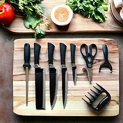 Kit Churrasco Preto, Conjunto 8 Peças, Facas Gourmet, Corte Navalha Antiaderente Premium - T2X Soluções (Preto)