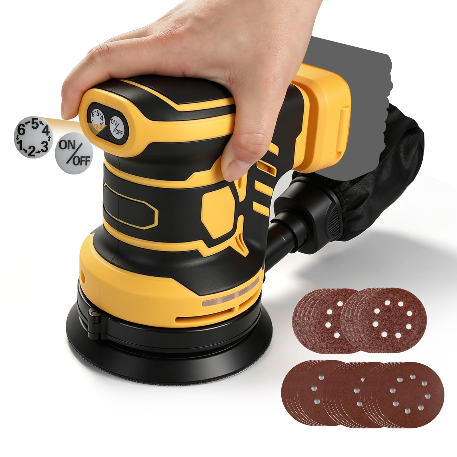 Brushless Random Orbital Sander Compatible with Dewalt 18V/20V, 125mm Brushelss Electric Random Palm Sander with 25pcs Sandpaper, 6-Speed Rotation Max 21000RPM (Yellow for Dewalt)