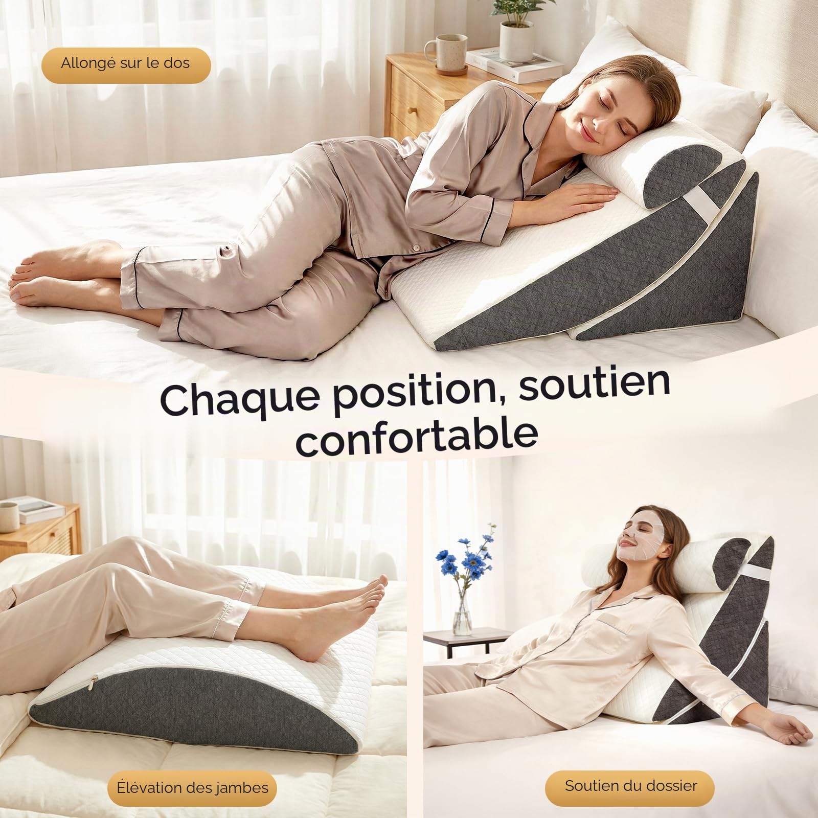 Coussin Incliné pour Lit 4 Pcs, Oreiller Anti Reflux avec Mémoire de Forme, Coussin de Lecture pour Lit Angle Réglable, Coussins Triangulaire Ergonomique pour Apnée du Sommeil Jambes Post Opératoire