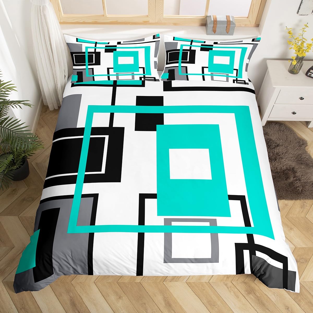 Homewish Turquoise Geometric Duvet Cover Black White Teal Grey Bedding Sets Super King Size, Square Comforter Cover Simple Abstract Stripes Bed Set Modern Bedroom Decor Zipper 2 Pillow Cases