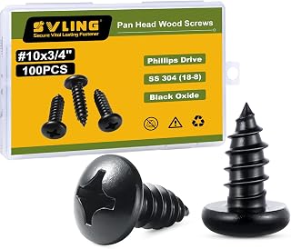 #10 x 3/4" Pan Head Wood Screws, 100PCS Pan Head Self Tapping Sheet Metal Screws, Black Oxide Stainless Steel 304 (18-8), Phillips Drive
