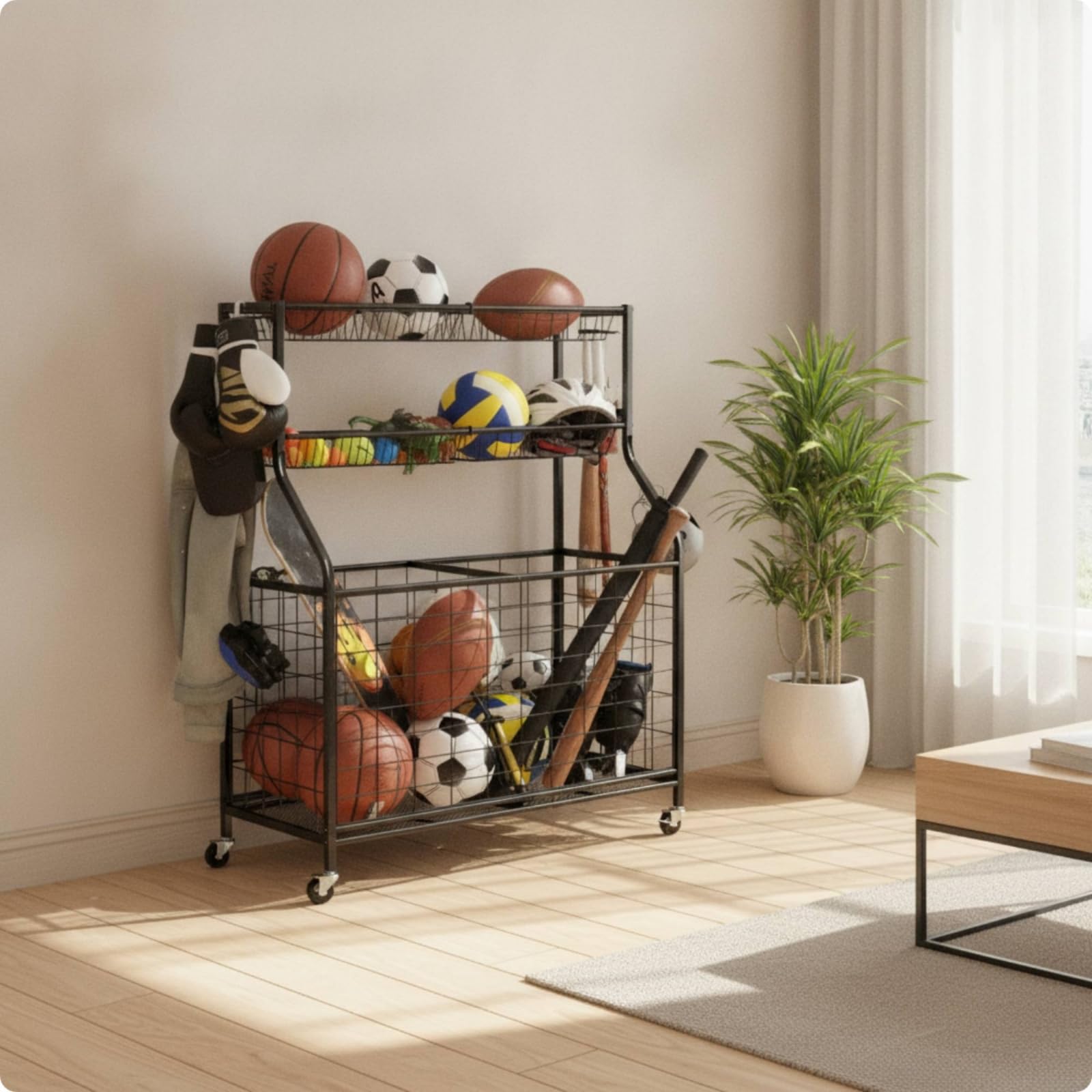 Amagogo Scaffale Porta Palloni Carrello Scaffalatura Organizzatore Contenitore in Acciaio al Carbonio con Cestelli a Rete Traspirante Struttura Robusta E