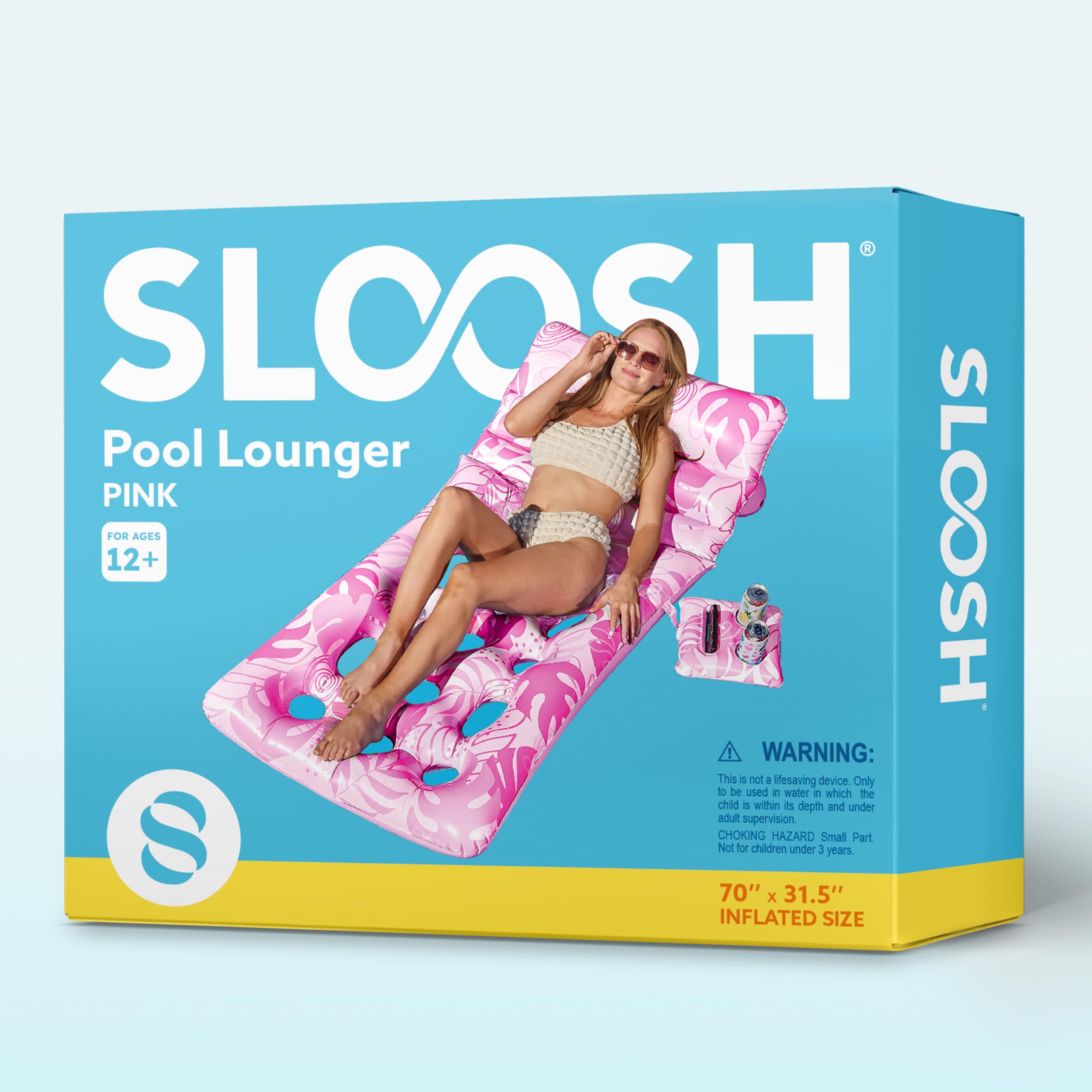 Sloosh Nadmuchiwany basen dla dorosłych – Tropical Leaves Lounger z regulowanym oparciem, uchwyt na kubki, pływające rafty, na plażę, nad jezioro, leżankę nad wodą (różowy)