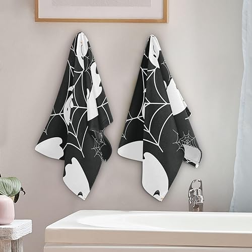 Miniatura 4 de ALAZA Juego de 2 toallas de baño de mano de araña de Halloween con fantasmas, toallas de baño de algodón suaves y absorbentes, toallas de invitados