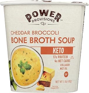 Power Provisions Cheddar Broccoli Bone Broth Soup Cups - Keto Instant Soup Cup - Collagen Infused with 17g of Protein - Gluten-Free Soup - 1.4 oz. - Pack of 6