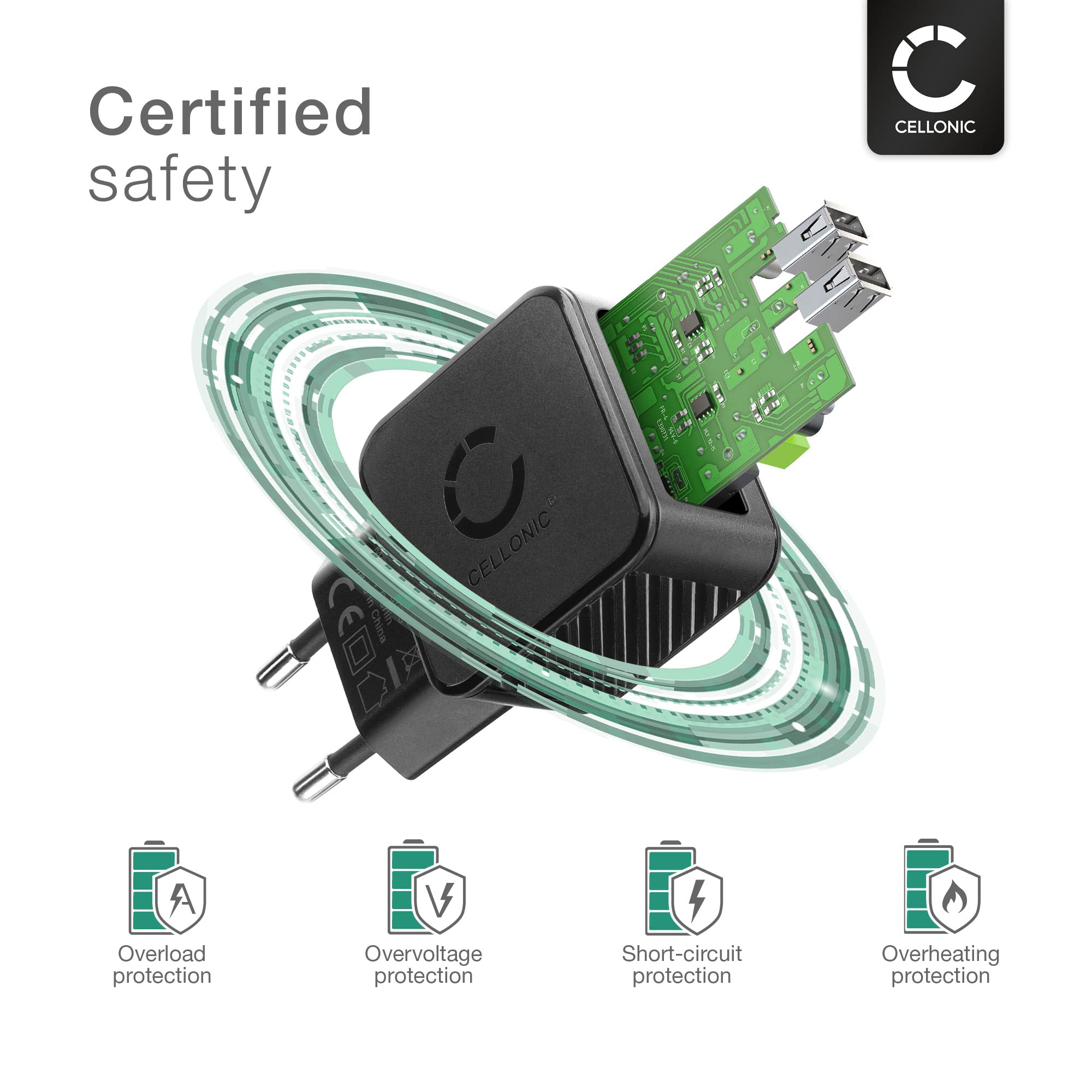 CELLONIC 2-drożna ładowarka USB: 3,4 A, 17 W ładowarka do telefonu komórkowego, smartfona, tabletu, podwójna wtyczka do ładowania: podwójne złącze - wielokrotny adapter do ładowania, gniazdko