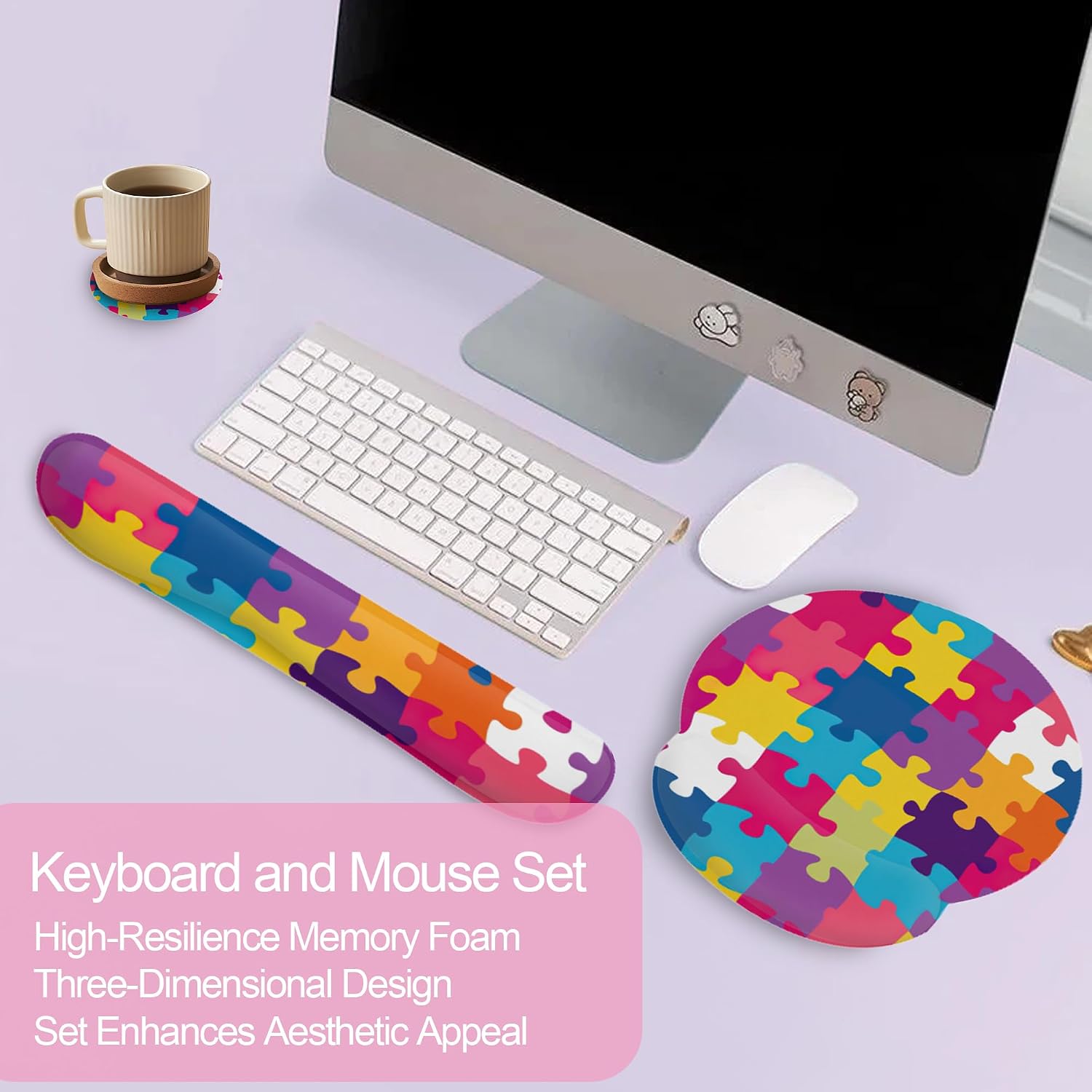 Autism Awareness Puzzle Colorful Keyboard Wrist Rest Pad and Mouse Pad Wrist Support Set,3-in-1 Ergonomic Mouse Pad with Non-Slip Rubber Base for Home Office Game Computers Desk, image 3