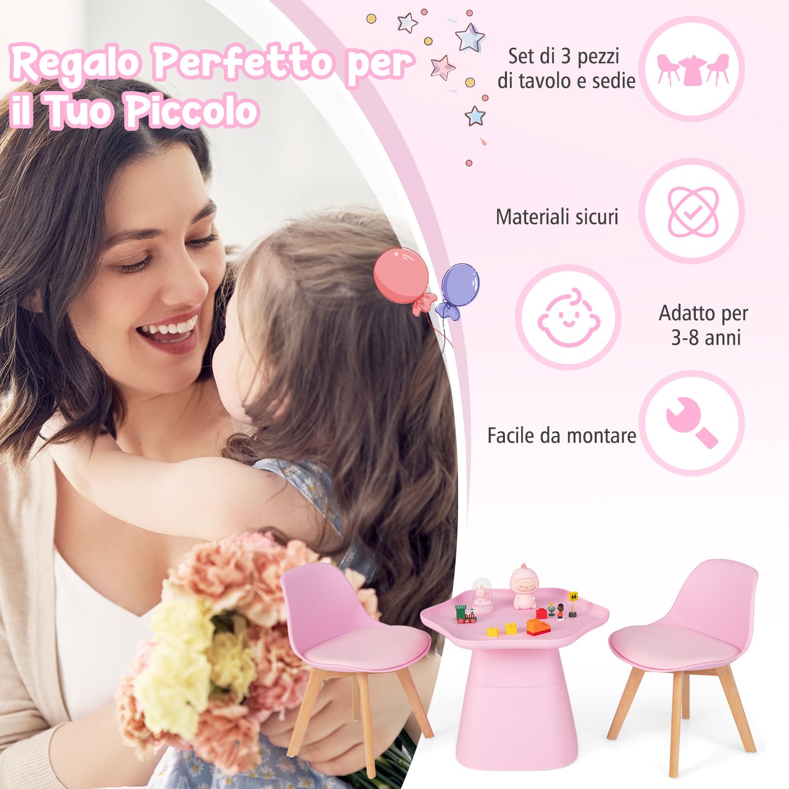 RELAX4LIFE Set Tavolo e Sedie Bambini 3 Pezzi Tavolino 2 Sedie Gambe Legno Faggio Seduta Similpelle 2 cm