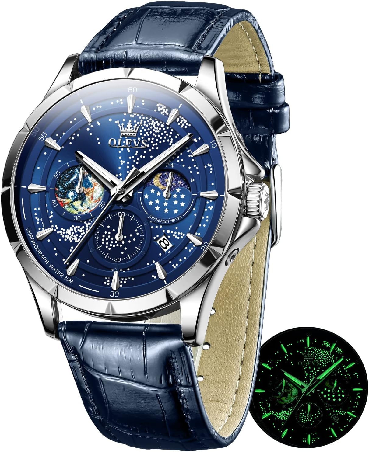 OLEVS Mens Watches Starry Sky Moon Phase Dial Luxury