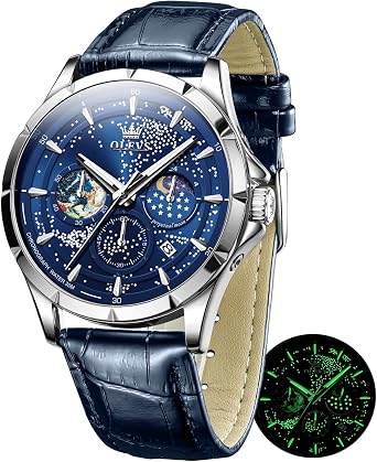 OLEVS Mens Watches Starry Sky Moon Phase Dial Luxury Business Dress Analog Quartz Classic Casual Date Wrist Watch Waterproof Luminous, Blue strap blue dial, Quartz Watch