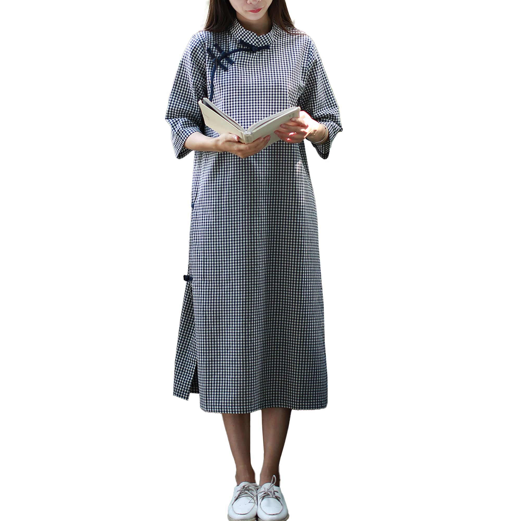 LUZU JUNU Women's Retro Chinese Cheongsam Cotton Linen Plaid Dress Side-Slit Casual Style
