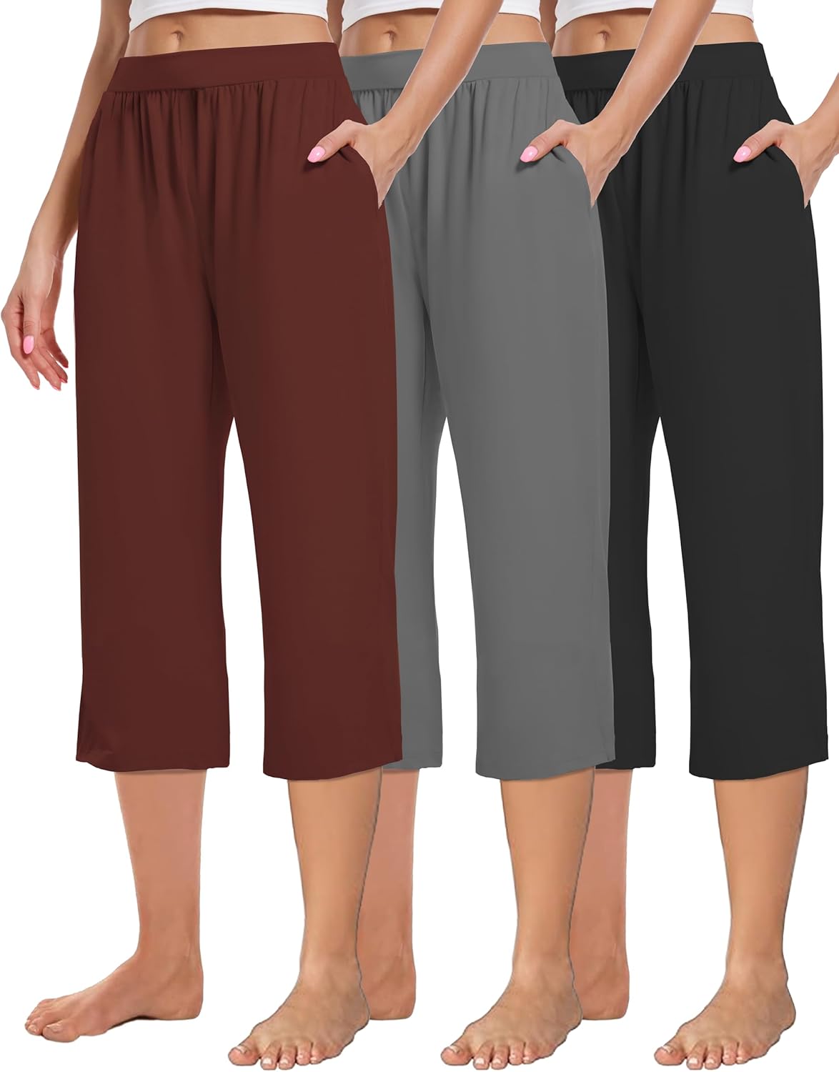 3 Pack Women's Capri Sweatpants, Cozy Wide Legs Cropped Capri with Pockets, Lounge Jogger Pants Workout Yoga Capris