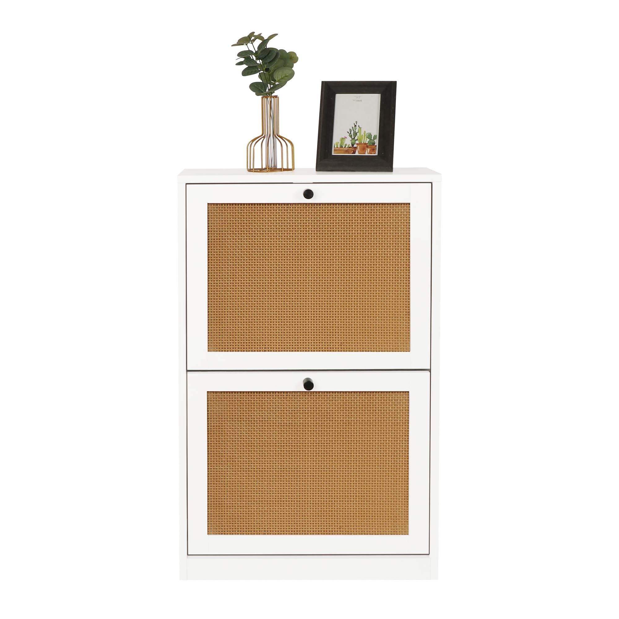 Yvsevnr Rattan Shoe Cabinet 84 x 51 x 23 cm, 2 Flip Drawer Narrow Shoe Storage Cabinet, Freestanding Slim Hidden Shoe Organiser for Entryway Hallway, White