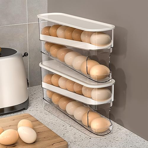 Auto Rolling Fridge Egg Organizer, Space Saving Eggs Dispenser for Refrigerator Storager with Lid,Egg Holder for Fridge 2 Pack