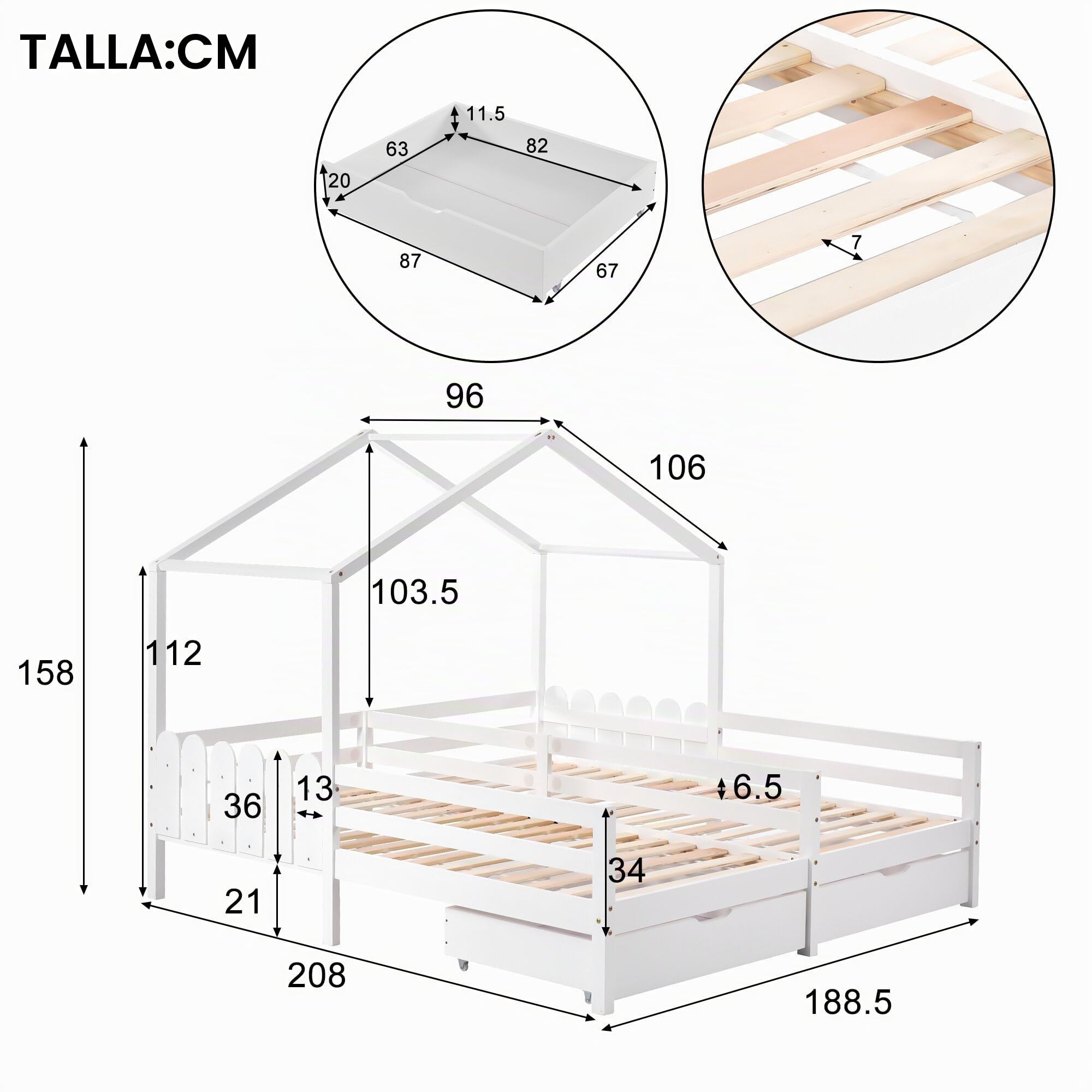 TIZZ Cama infantil, cama doble, cuna con 2 cajones de MDF, cajones con ruedas, somier de láminas de pino, blanco (90 x 200 cm)