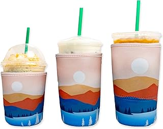 Baxendale Iced Coffee Sleeves for Cold Drink Cups - 3 Pack Reusable Neoprene Iced Coffee Cup Sleeve for Cold Drinks, Compatible with Starbucks Dunkin and more (3 PK S/M/L, Pink Mountain)